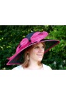 Chapeau Mariage Ceremonie Sisal Plume Noeuds Noir / Rose Fushia