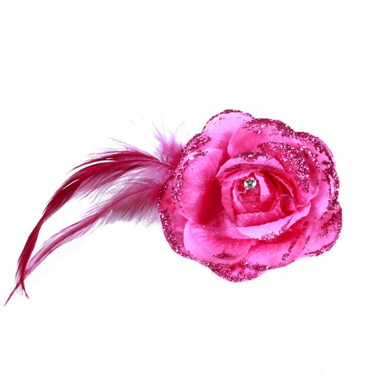 Pince Broche Mariage Fleur Tissu Scintillant Strass Rose Fushia