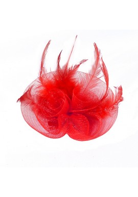 Pince Broche Mariage Fleur Plumes Tulle Rouge