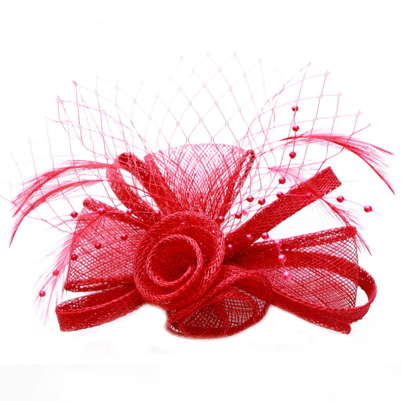 Pince Broche Mariage Voilette Sisal Perlées Plumes Rouge