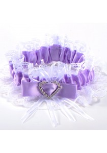 Jarretiere Mariage Dentelle Noeud Coeur Strass Ruban Violet