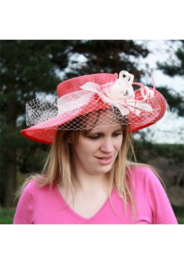 Chapeau Mariage Voilette Fleur Ruban Plume Rose Corail