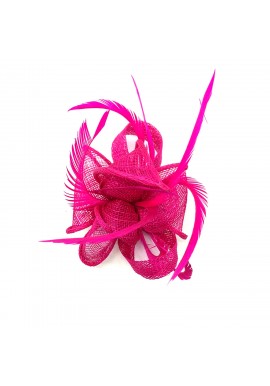 Pince Broche Fleur Ruban Plumes Sinamay Mariage Rose Fushia